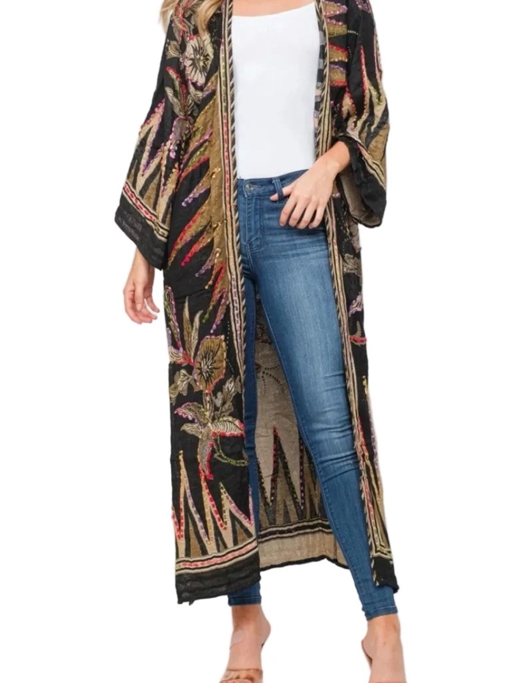 Embroidered Black Floral Maxi Kimono Sweater